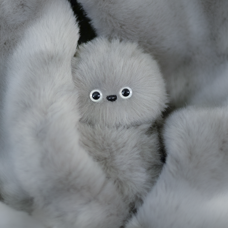 Gray Mirumi bag charm robot nestled in soft gray fur